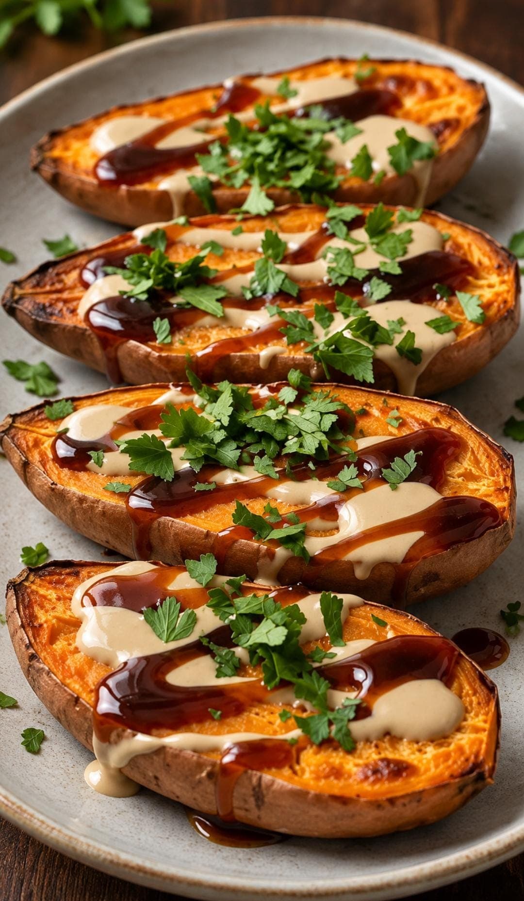 Roasted Sweet Potato Boats with Tahini & Date Syrup