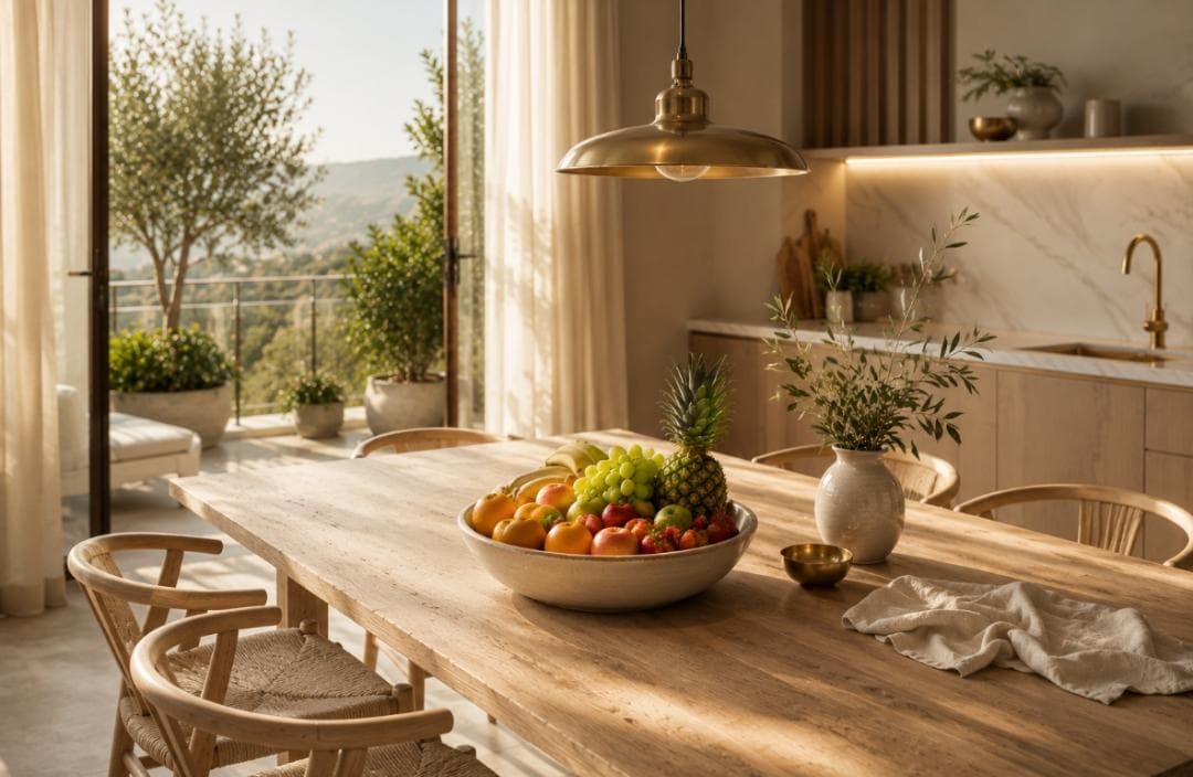 A sunlit kitchen and dining table with fresh fruit